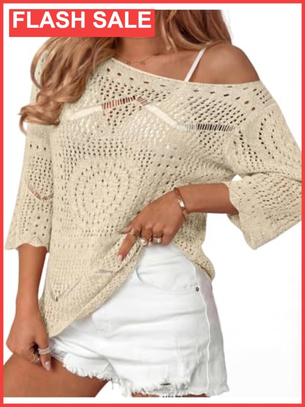 Women's Crochet Hollow Out Knit Cover Up 3/4 Sleeve Beach Swim Coverup
